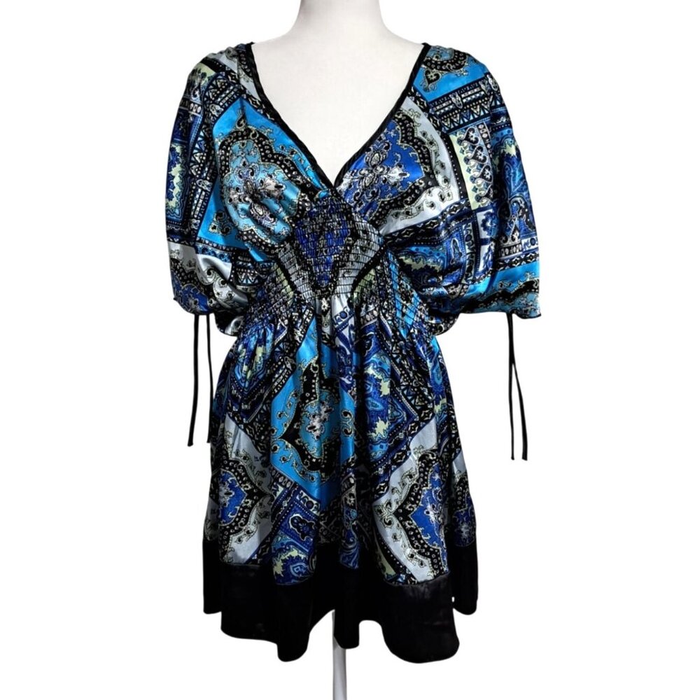 Y2K Smocked Babydoll Tunic Blouse Womens Large Boho Paisley Print Gemstone USA